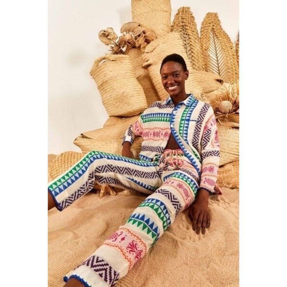 Farm Rio Multicolored Pineapple Jacquard Pants Colorful Geometric Tassel